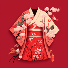 Japanese kimono on a red background. Generative AI.
