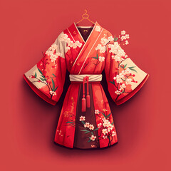 Japanese kimono on a red background. Generative AI.