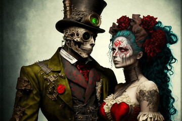 beautiful couple of zombies in love, millionaires, on valentine's party in steampunk style