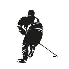 Ice hockey player, isolated vector silhouette, rear view. Winter team sport athlete