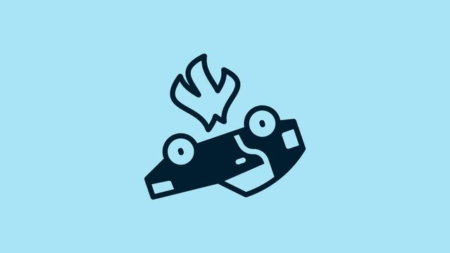 Blue Burning car icon isolated on blue background. Car on fire. Broken auto covered with fire and smoke. 4K Video motion graphic animation