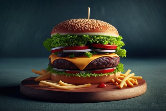Leckerer Cheese Burger mit Friten / Pommes, K&auml;se und Fleisch am Spie&szlig;, Food-Design (Generativ AI)
