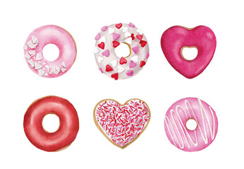 Watercolor hand drawn heart shaped pink glazed donut isolated on white background