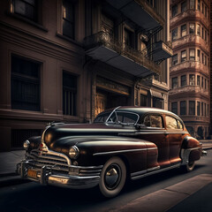 Vintage car in the city at sunset. Generative AI.