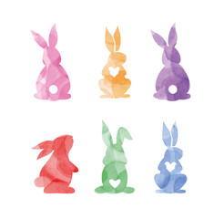 A set of sweet Happy Rabbit watercolor illustrations. Watercolor silhouette of a rabbit.