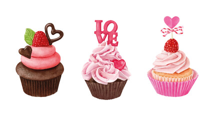 Hand drawn watercolor cupcakes isolated on white background.Romantic cakes