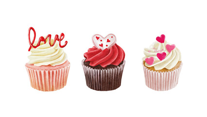 Hand drawn watercolor cupcakes isolated on white background.Romantic cakes