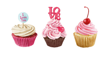 Hand drawn watercolor cupcakes isolated on white background.Romantic cakes