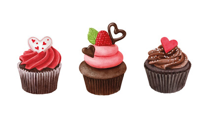 Hand drawn watercolor cupcakes isolated on white background.Romantic cakes