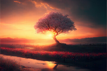 The cherry blossom tree stood tall against the orange and pink hues of the setting sun
