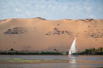 Felucca sailing during the sunset at the Nile river, Egypt. There is a reflection on the water of the ship