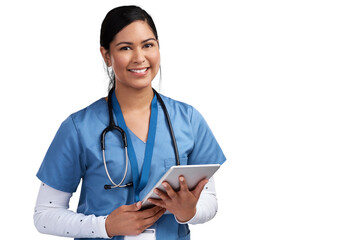 Portrait of a young doctor using a tablet and wearing a stethoscope Isolated on a PNG background.