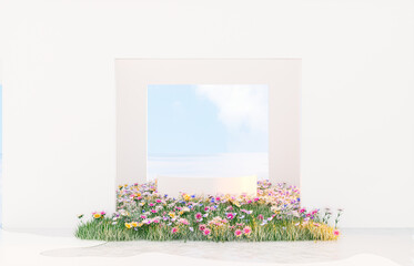 Spring floral installation scene with geometric arch form. 3d rendering.