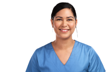 Portrait of a young beautiful doctor in scrubs Isolated on a PNG background.