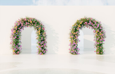 Spring floral installation scene with geometric arch form. 3d rendering.
