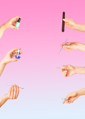 hands holding various manicure tools, nail scissors, nail file, curette, pedicure tongs, tongs, nail polish and cuticle oil, on pink and blue background, copy space