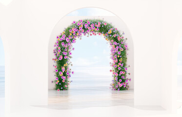 Spring floral installation scene with geometric arch form. 3d rendering.