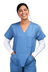 Portrait of a young doctor standing with her hands tucked into her scrubs Isolated on a PNG...