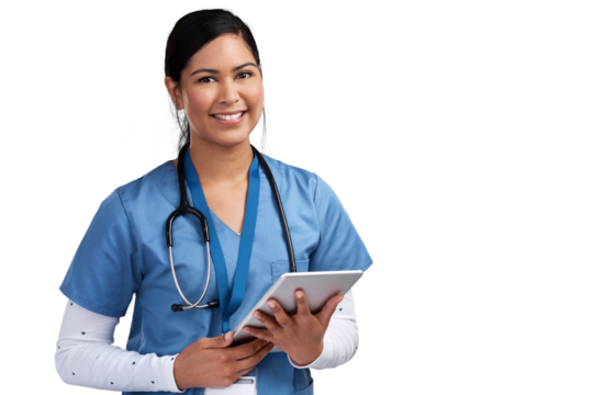 Portrait of a young doctor using a tablet and wearing a stethoscope Isolated on a PNG background. - Powered by Adobe