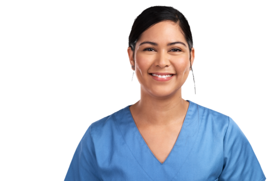 Portrait of a young beautiful doctor in scrubs Isolated on a PNG background.