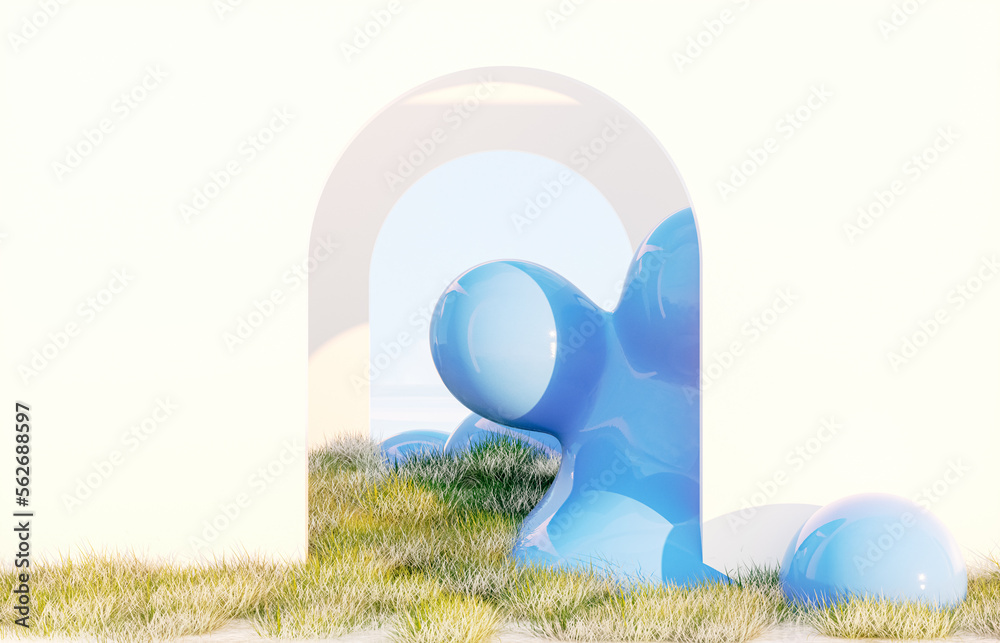 Poster spring summer landscape scene with colorful 3d geometric liquid form installation.