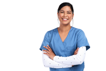 Portrait of a beautiful young doctor standing with arms folded Isolated on a PNG background.
