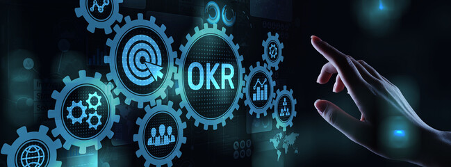 Objective Key Results Business technology process improvement concept on virtual screen.