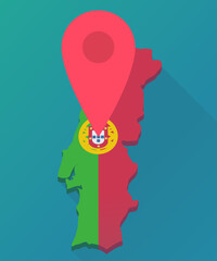 3d map in flat design style of Portugal in the colors of the Portuguese flag on which a red location marker is placed to indicate a destination