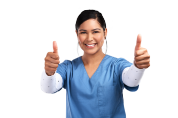Portrait of a young doctor showing a thumbs up sign Isolated on a PNG background.