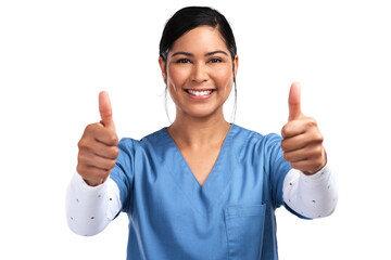 Portrait of a young doctor showing a thumbs up sign Isolated on a PNG background.