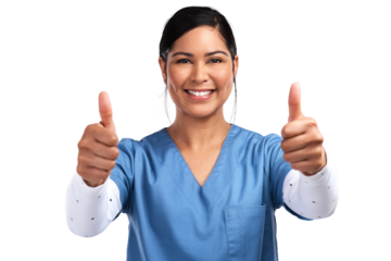Portrait of a young doctor showing a thumbs up sign Isolated on a PNG background.