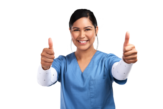 Portrait of a young doctor showing a thumbs up sign Isolated on a PNG background.