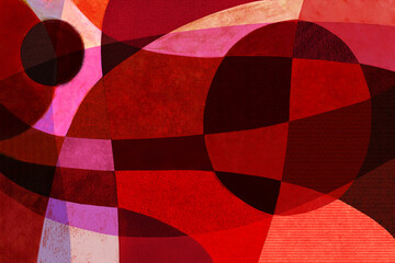二つの歪んだ円のある赤やピンクのバリエーションの曲線分割のコラージュ風色面構成