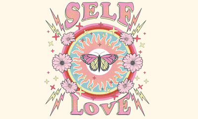 Self love club. Peace sign with sun graphic print design for t-shirt. Flower and butterfly artwork design.