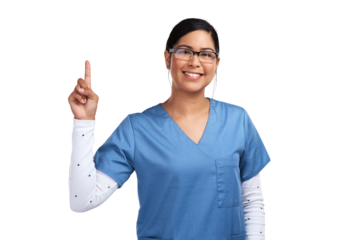 Portrait of a young doctor wearing glasses and scrubs, pointing up Isolated on a PNG background.
