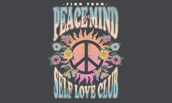 Find your peace of mind. Peace sign with sun graphic print design for t-shirt. Flower and butterfly artwork design.