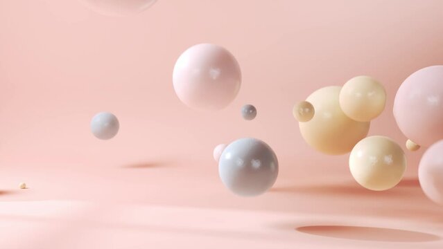 Surreal concept. Yellow, pink and blue balls falling down on a abstract pastel surface with nice shadow from sunset light going throught the window. Abstract 3D animation.  
