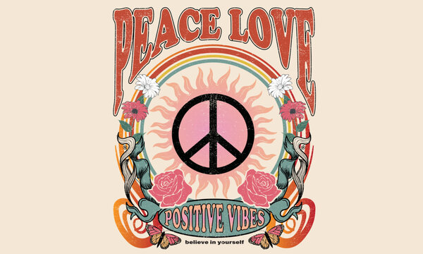 Flower and butterfly artwork design. Peace love. Peace sign with sun graphic print design for t-shirt. Positive vibes.