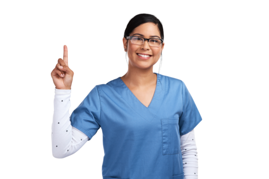 Portrait of a young doctor wearing glasses and scrubs, pointing up Isolated on a PNG background.