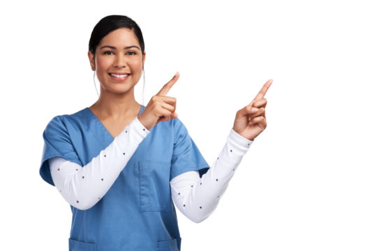 Portrait of a young doctor wearing scrubs and pointing to her left Isolated on a PNG background.