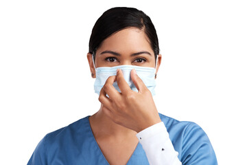 Portrait of a young doctor adjusting her surgical face mask Isolated on a PNG background.