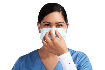 Portrait of a young doctor adjusting her surgical face mask Isolated on a PNG background.
