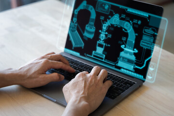  Mechanical Engineer Designs 3D Engine on Personal Computer. In the virtual Automation Engineer who Uses Laptop for Programming Robotic Arm.