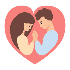 Happy couple in love in heart. Cute girl and guy. Vector illustration in flat style of loving young couple for valentines day, wedding and birthday design.