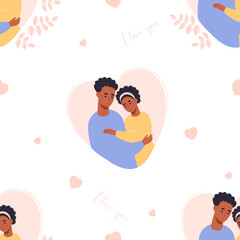 Seamless pattern with ethnicity couple in love. Happy black people on white background with hearts. Vector illustration. Romantic endless background, valentine packaging.
