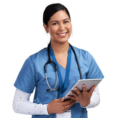 Portrait of a young doctor using a tablet and wearing a stethoscope Isolated on a PNG background.