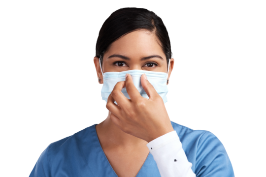 Portrait of a young doctor adjusting her surgical face mask Isolated on a PNG background.