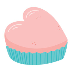 Pink cupcake or heart shaped cookie with a wrapper. Vector isolated cartoon illustration.