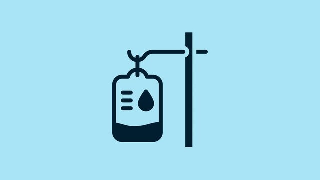 Blue IV bag icon isolated on blue background. Blood bag. Donate blood concept. The concept of treatment and therapy, chemotherapy. 4K Video motion graphic animation