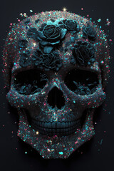 Stylish human skull and flowers on a black background. Generative AI